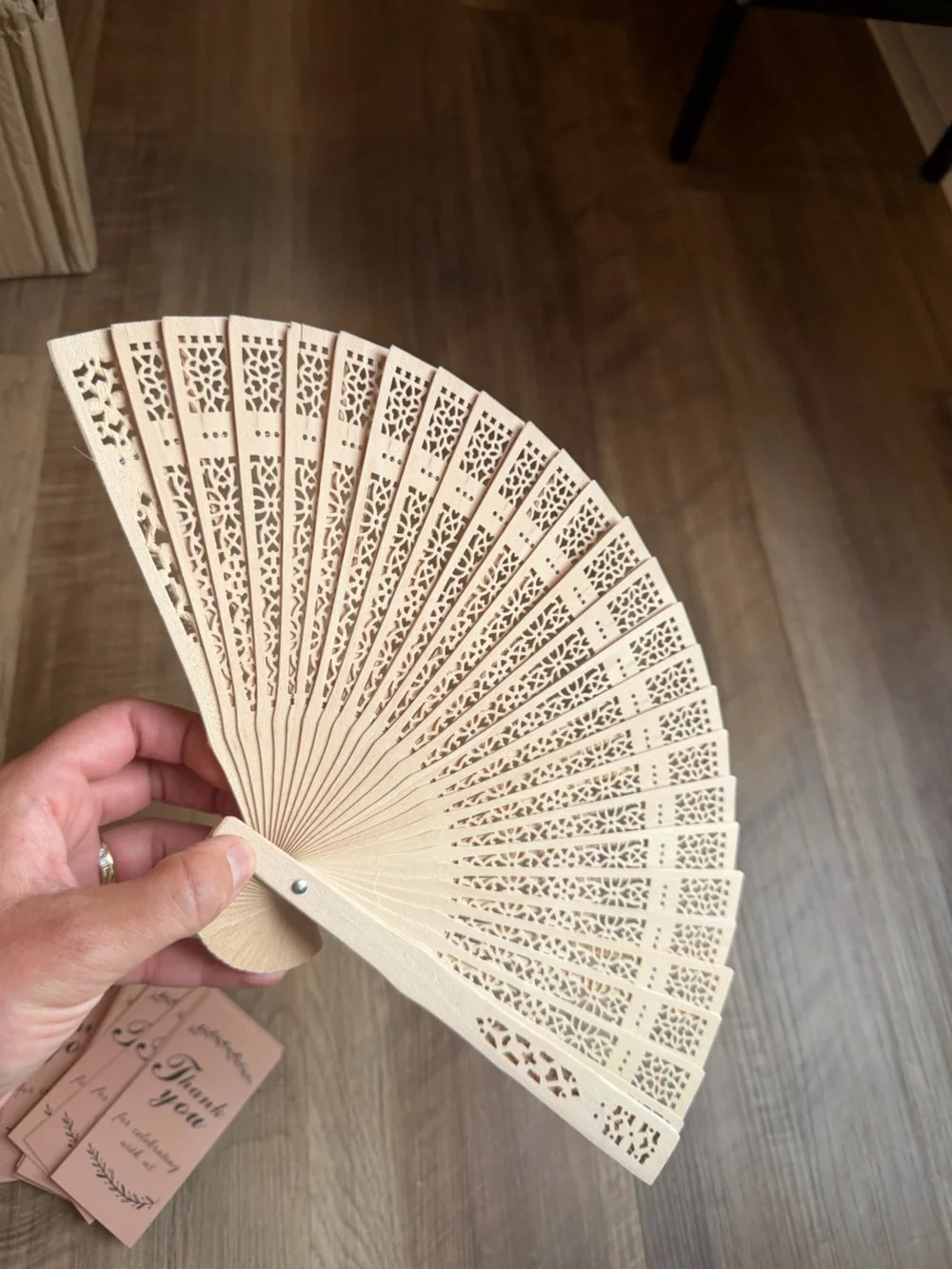 Brand New! 24 Wooden Fans with white bags and thank you tags